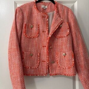 LOFT Coral and White Fringe Pocket Tweed Jacket